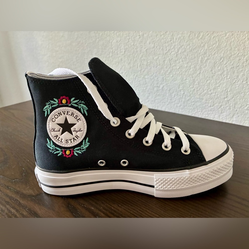 Converse Women's Black and White Embroidered High-Tops